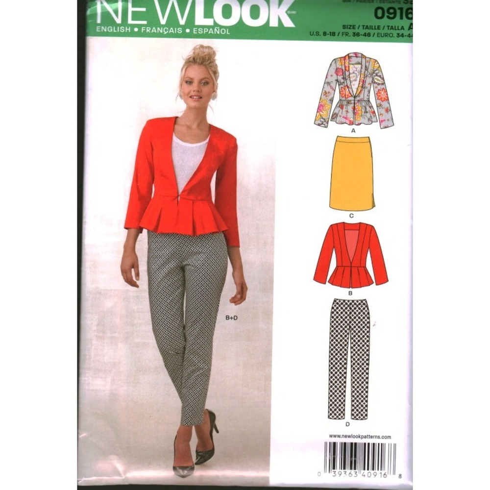 New Look 0916 Sewing Pattern Misses Peplum Jacket Skirt Trousers Size 8-18